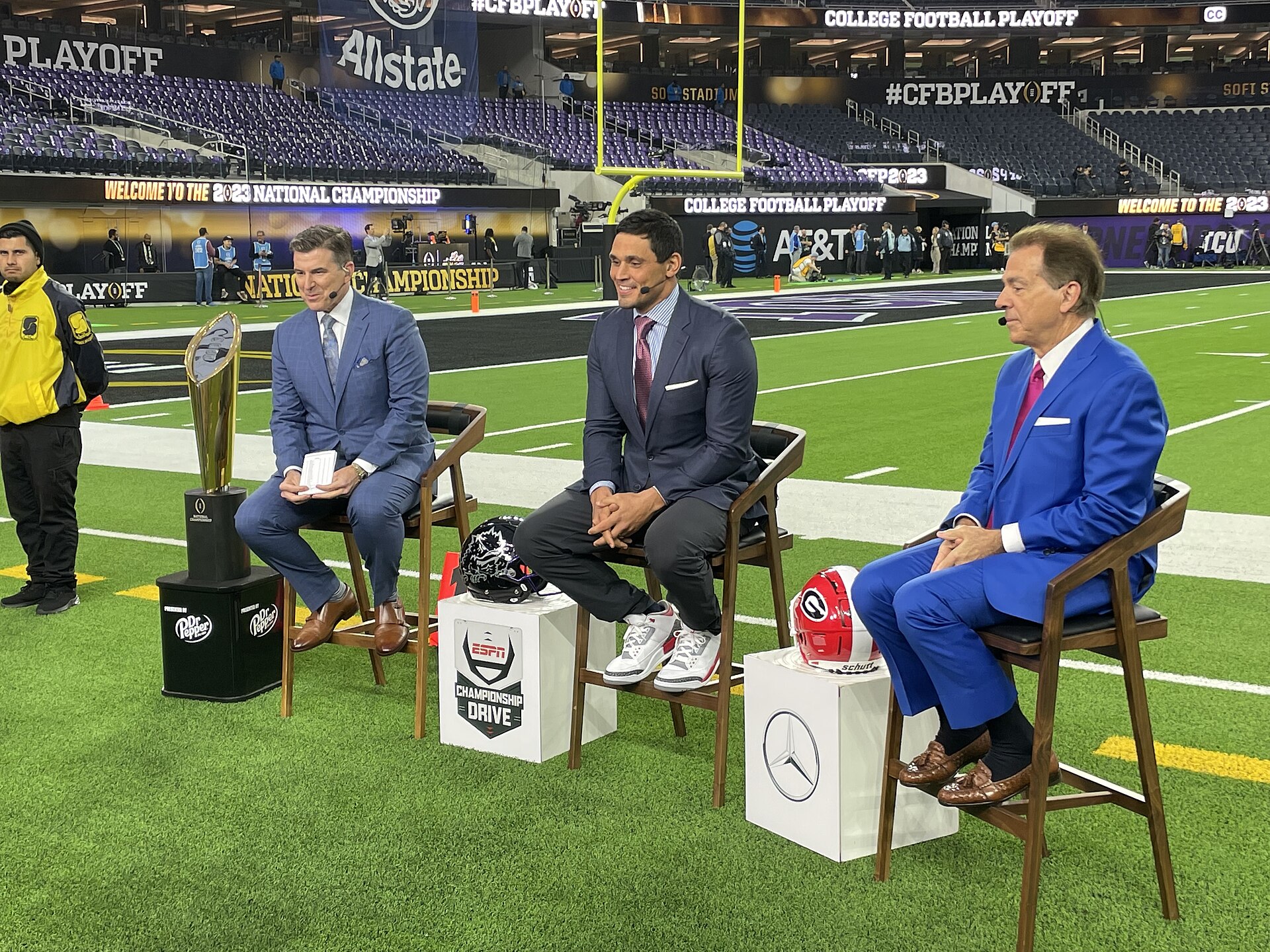 Rece Davis, David Pollack and Nick Saban at the 2023 College Football Playoff National Championship